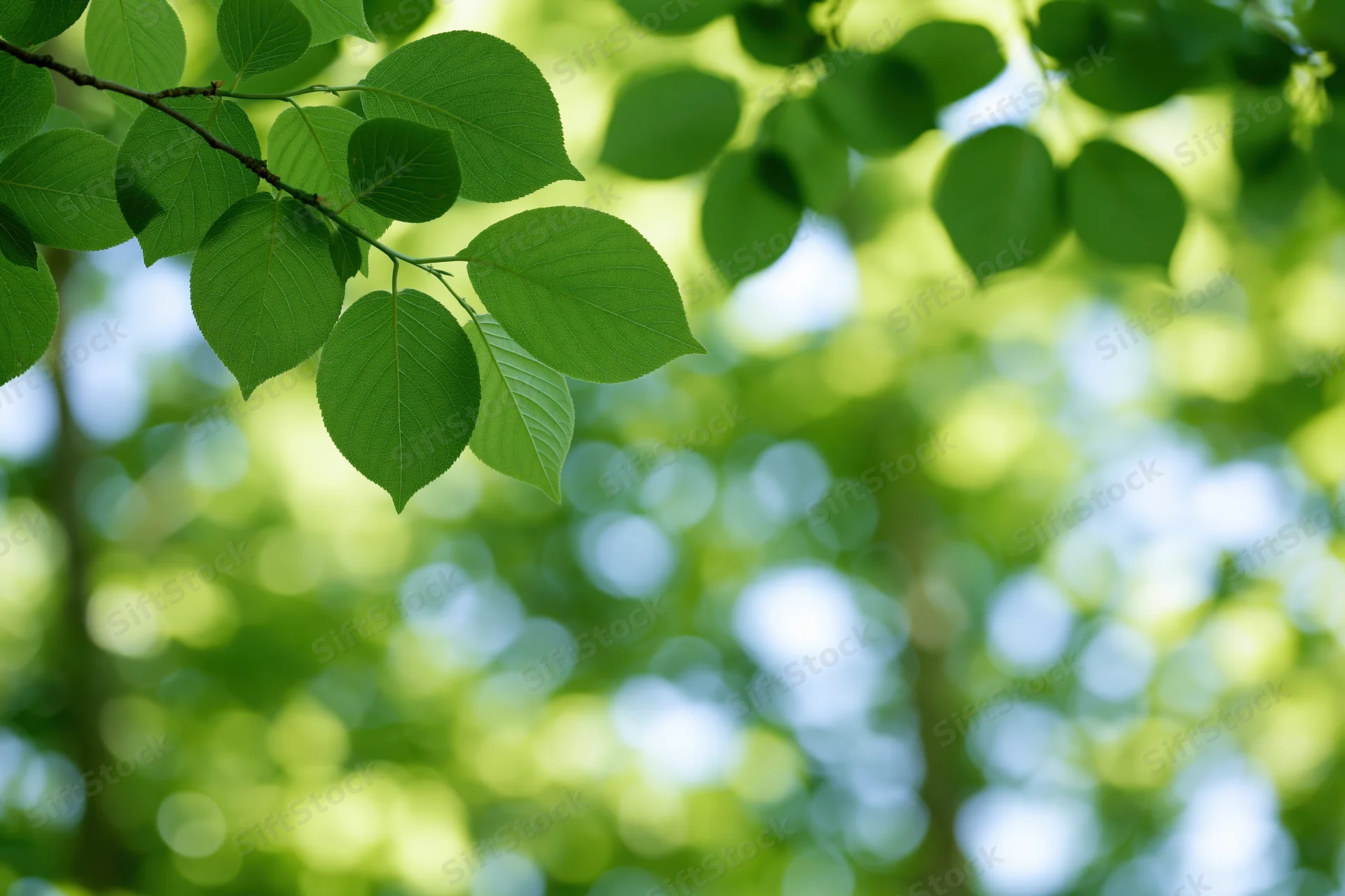 Green leaves on a thin branch against a blurred natural background with sunlight filtering through