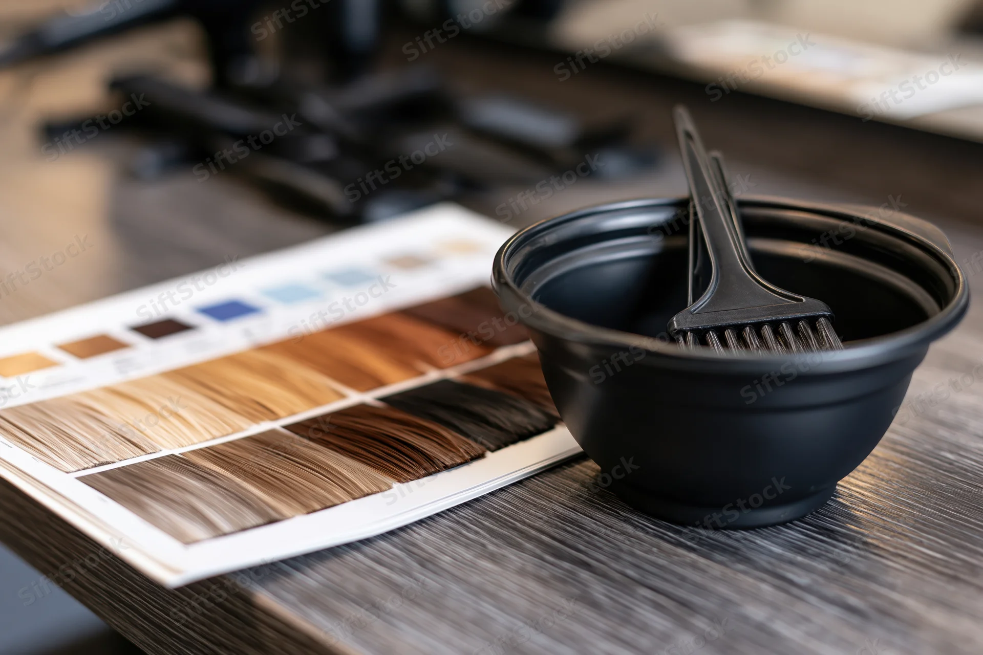 Hair color swatch chart open on salon workstation with dye bowl and brush
