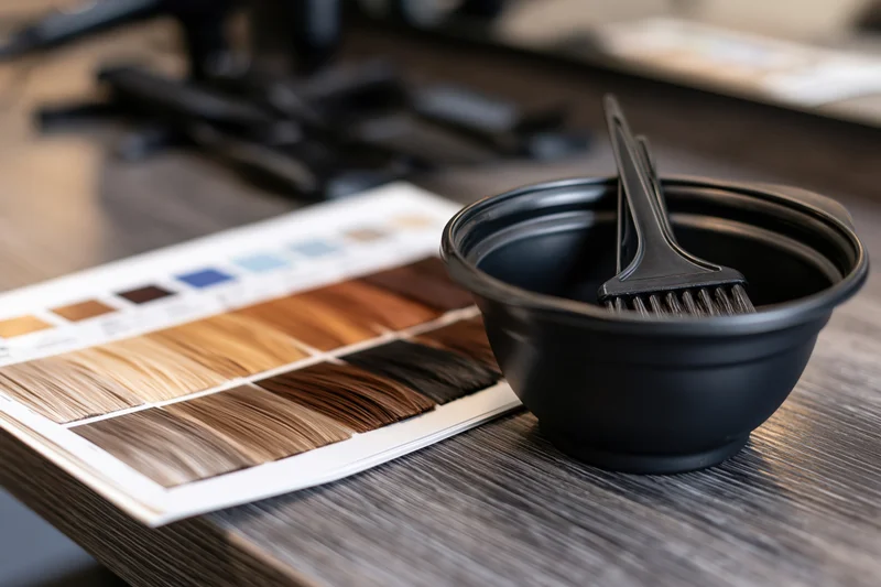 Hair color swatch chart open on salon workstation with dye bowl and brush