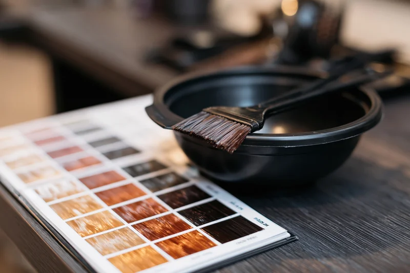 Hair color swatch chart open on salon workstation with brush and bowl nearby