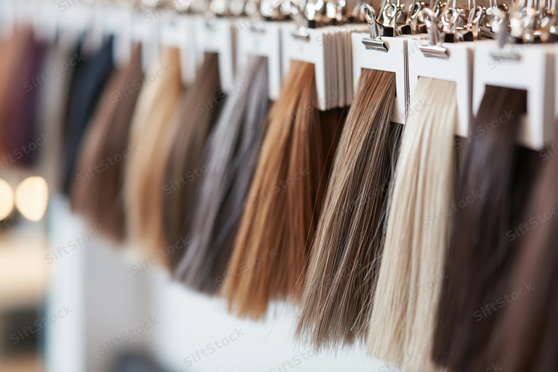 Rows of hair color swatches displayed on clips in a salon