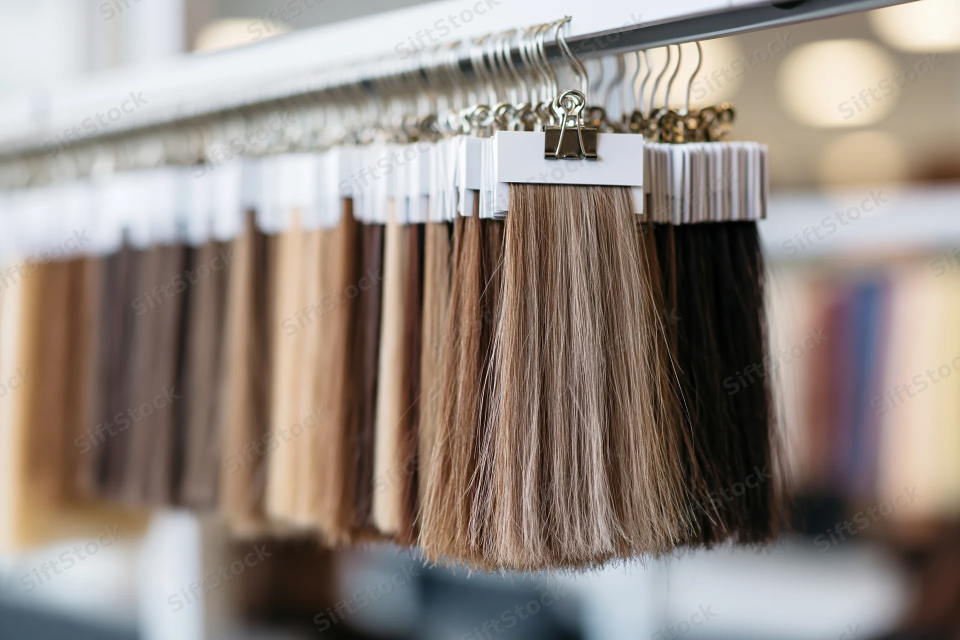 Rows of hair color swatches hanging on a rack in a salon