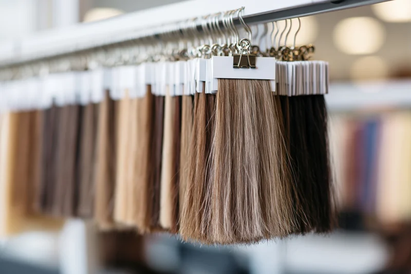 Rows of hair color swatches hanging on a rack in a salon