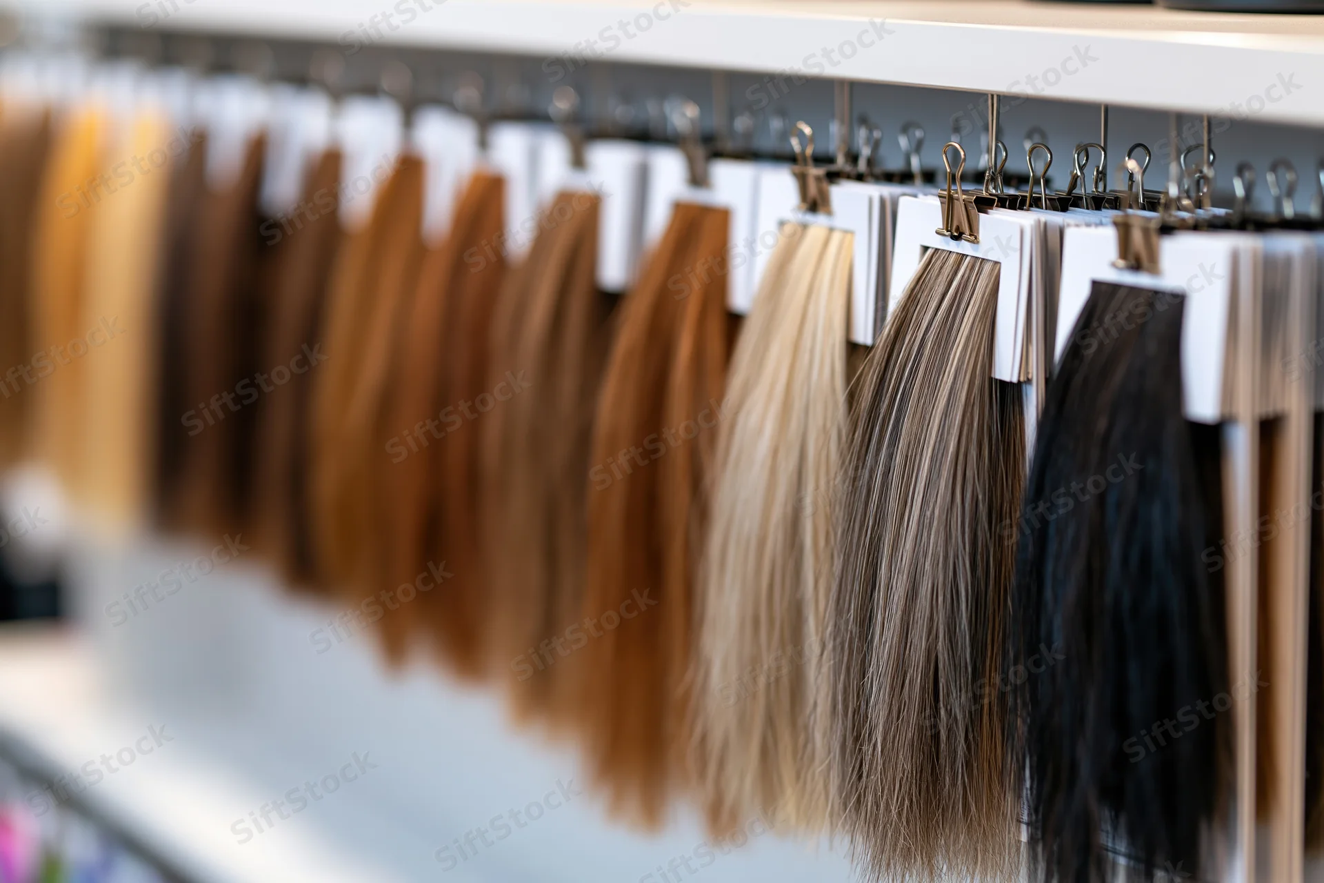 Rows of hair color swatches hanging on a display rack in a salon