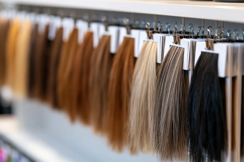 Rows of hair color swatches hanging on a display rack in a salon