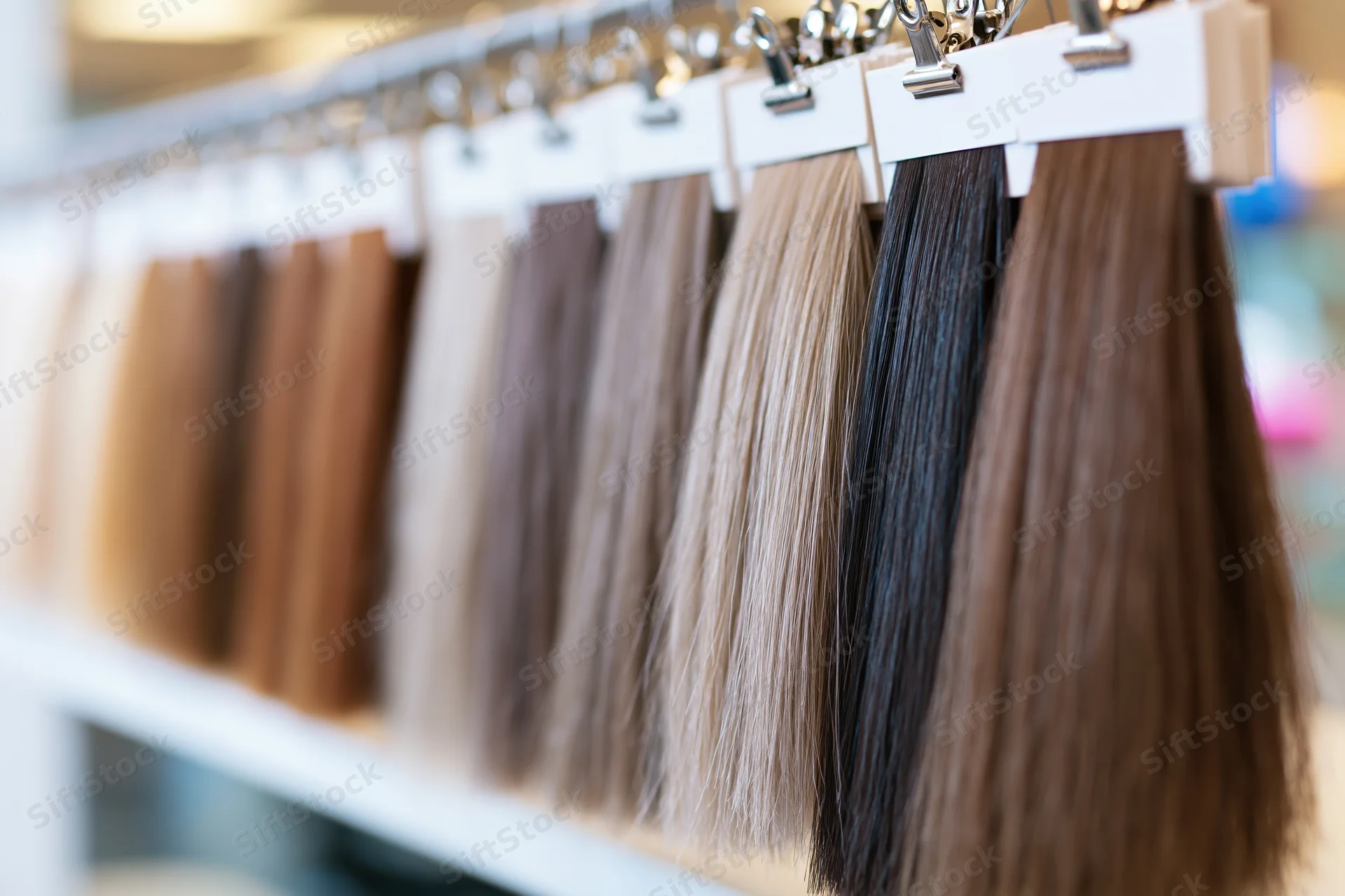 Hair color swatches hanging in a salon display row