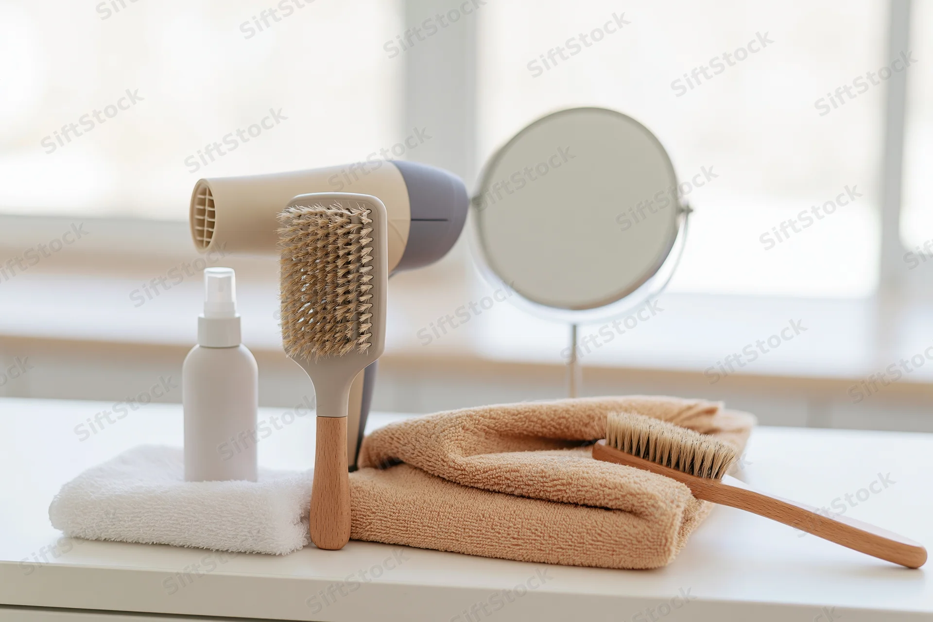 Hairdryer and paddle brush on folded towel with spray bottle and mirror on vanity countertop
