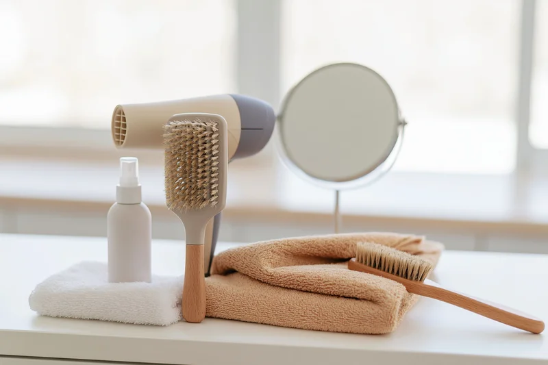 Hairdryer and paddle brush on folded towel with spray bottle and mirror on vanity countertop