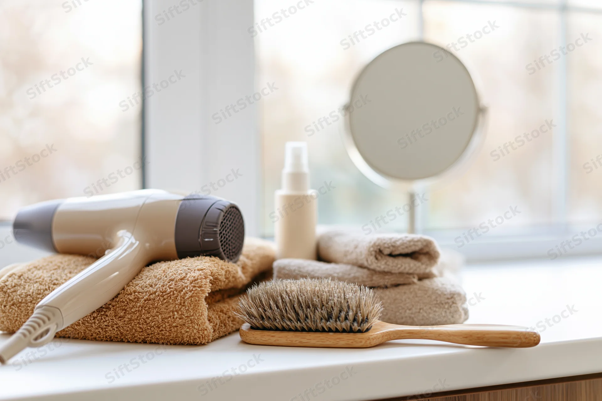 Hairdryer, paddle brush, folded towels and spray bottle arranged on a bathroom countertop near a window