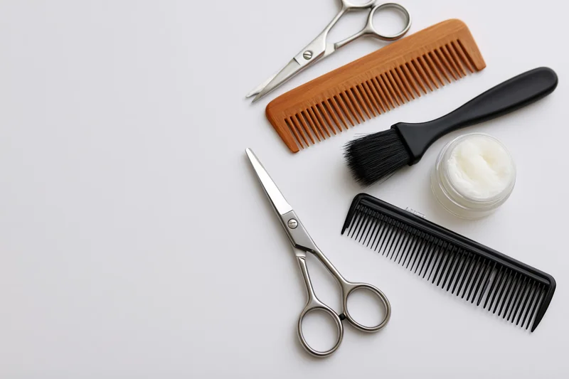 Hairdressing tools arranged along the right edge of a white surface with copyspace on the left
