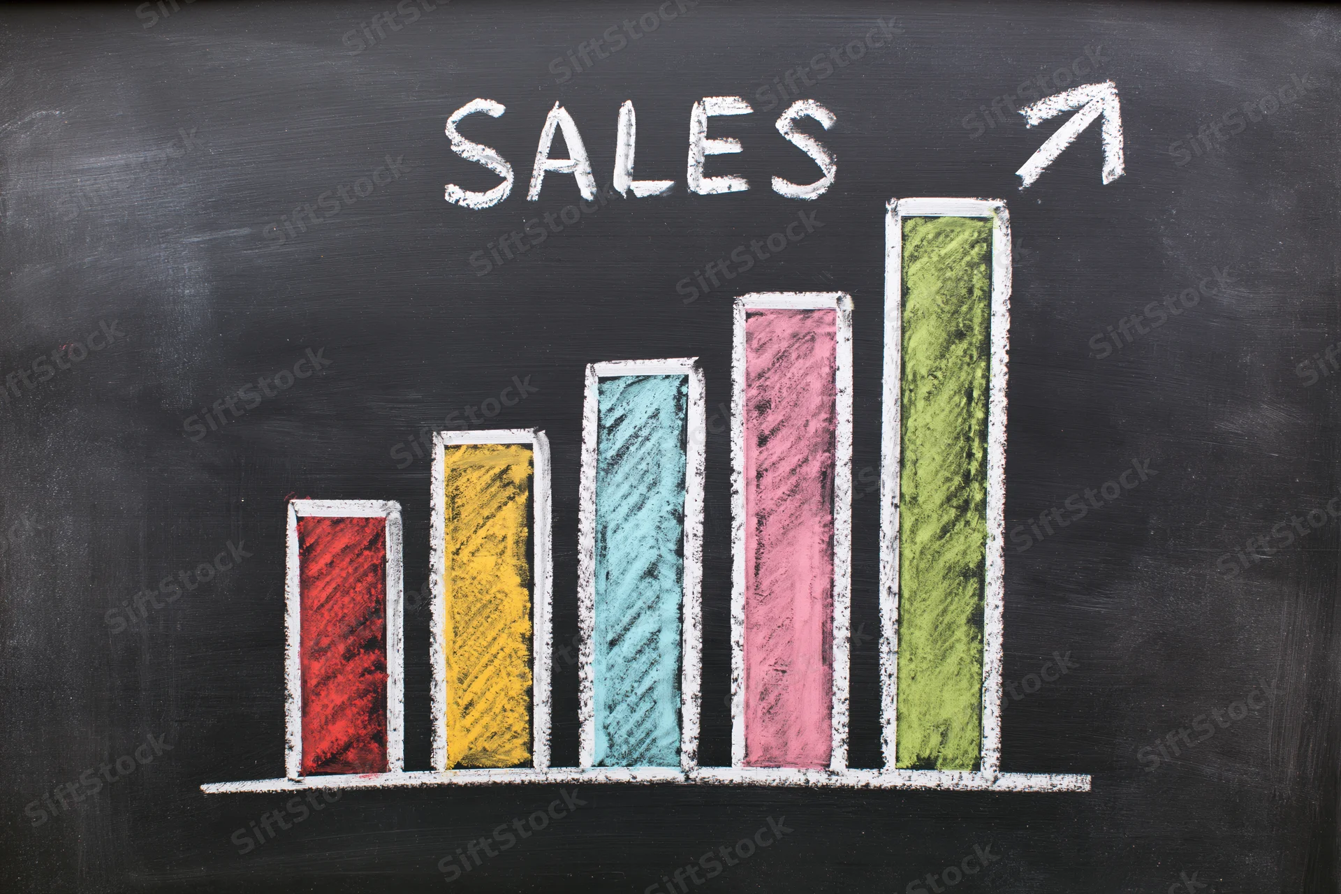 Hand-drawn colorful bar chart showing sales growth on a blackboard