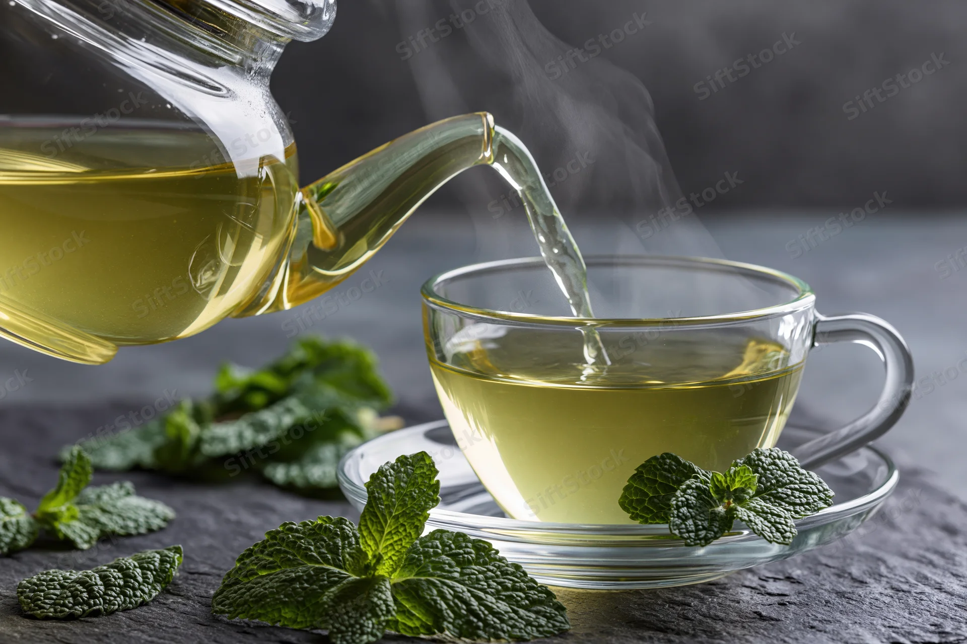 Hot green mint tea being poured from a glass teapot into a clear cup on a dark rustic surface with fresh mint leaves scattered around
