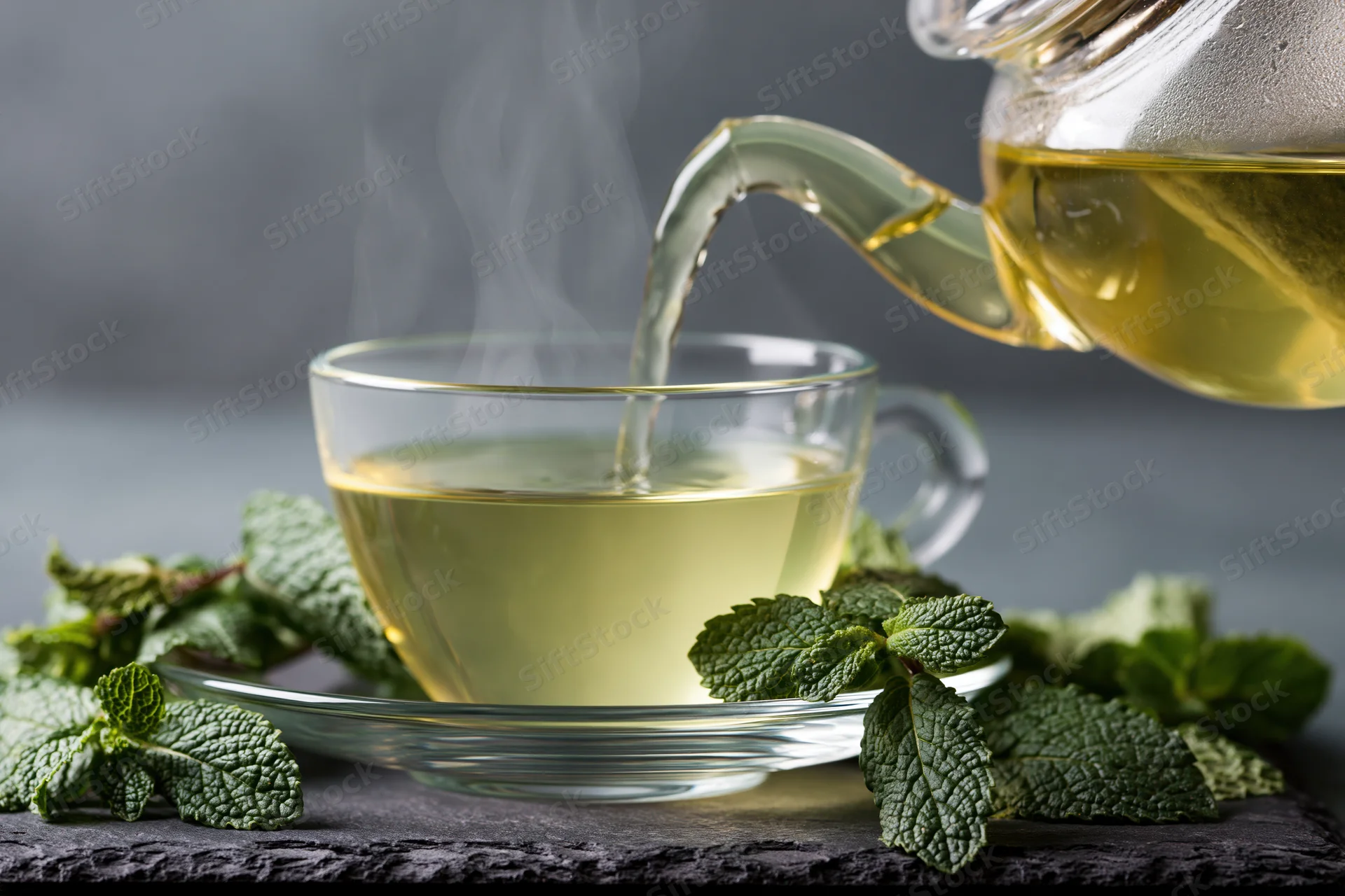Hot green mint tea being poured from a glass teapot into a clear cup on a dark slate surface surrounded by fresh mint leaves
