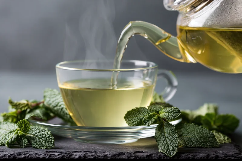 Hot green mint tea being poured from a glass teapot into a clear cup on a dark slate surface surrounded by fresh mint leaves