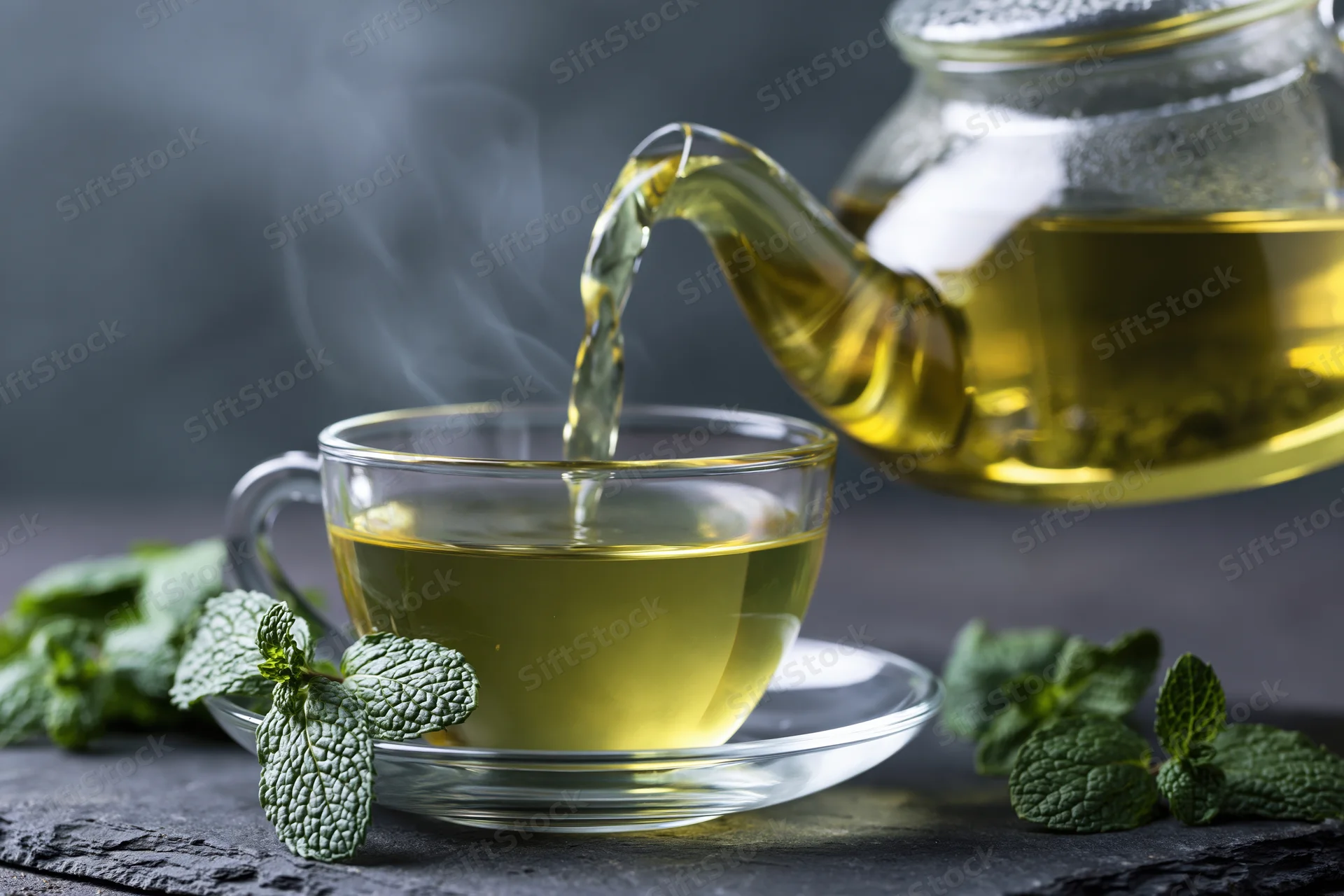 Green mint tea being poured from a glass teapot into a clear cup on a slate surface with fresh mint leaves around