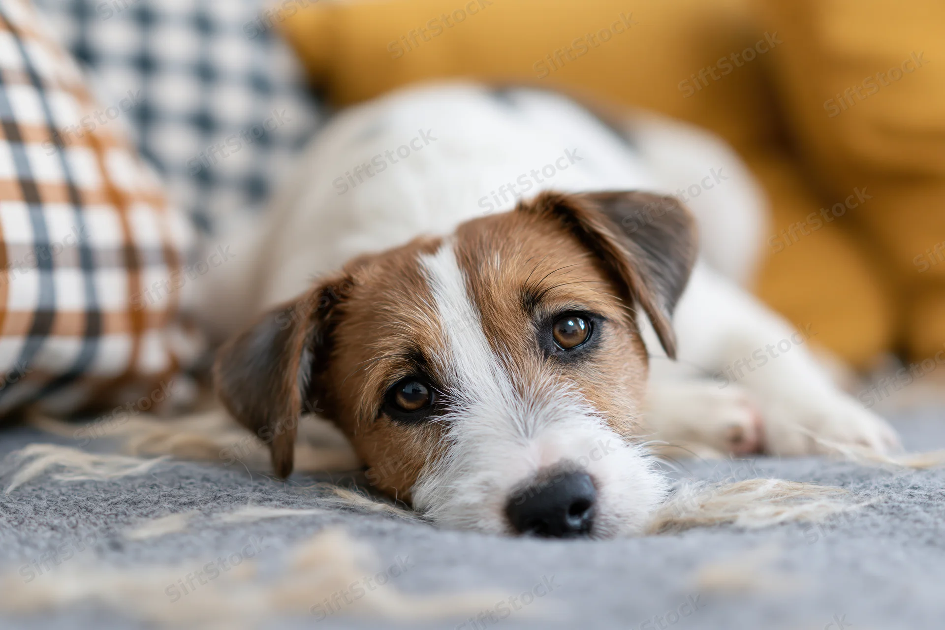 Jack russell puppy lying with chin on couch, resting on gray rug near plaid cushions