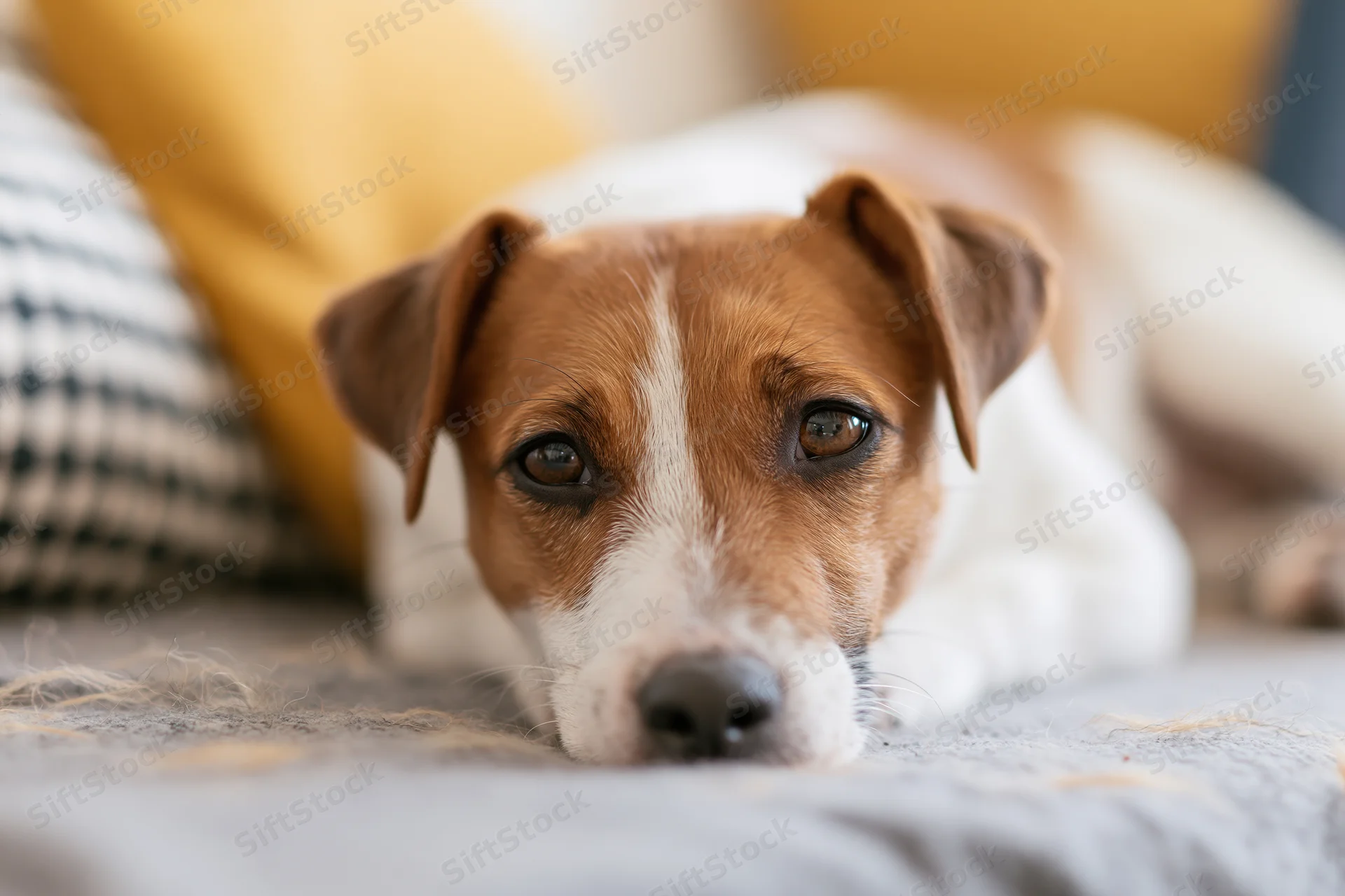 Jack russell puppy lying chin down on a couch with head resting on soft fabric