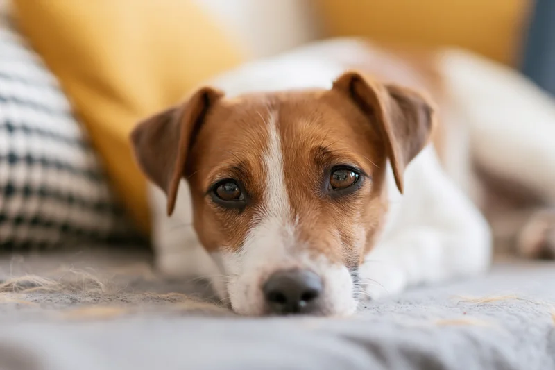 Jack russell puppy lying chin down on a couch with head resting on soft fabric