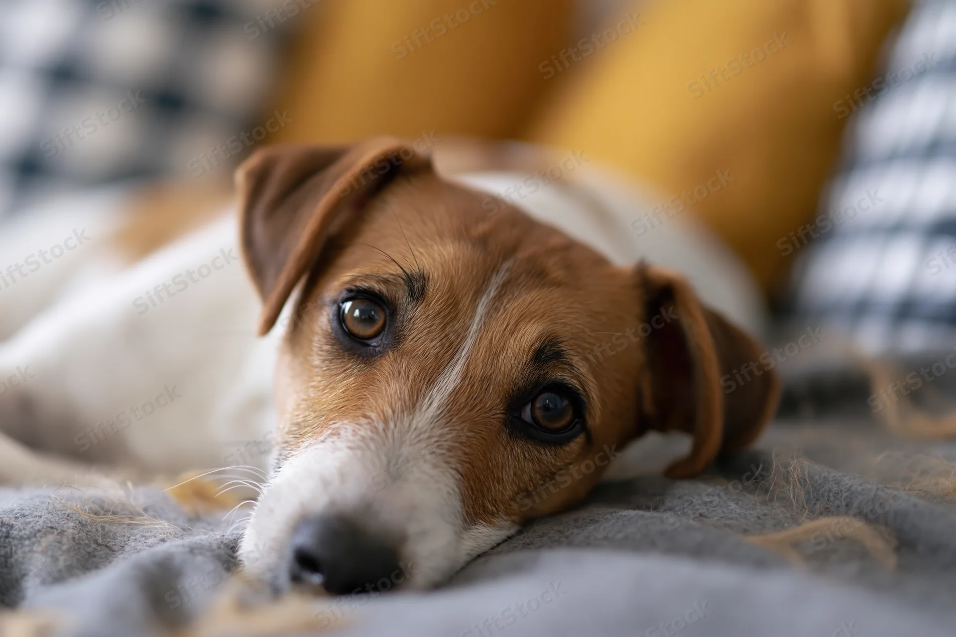 Jack russell puppy lying with chin down on a couch surrounded by cushions and a blanket