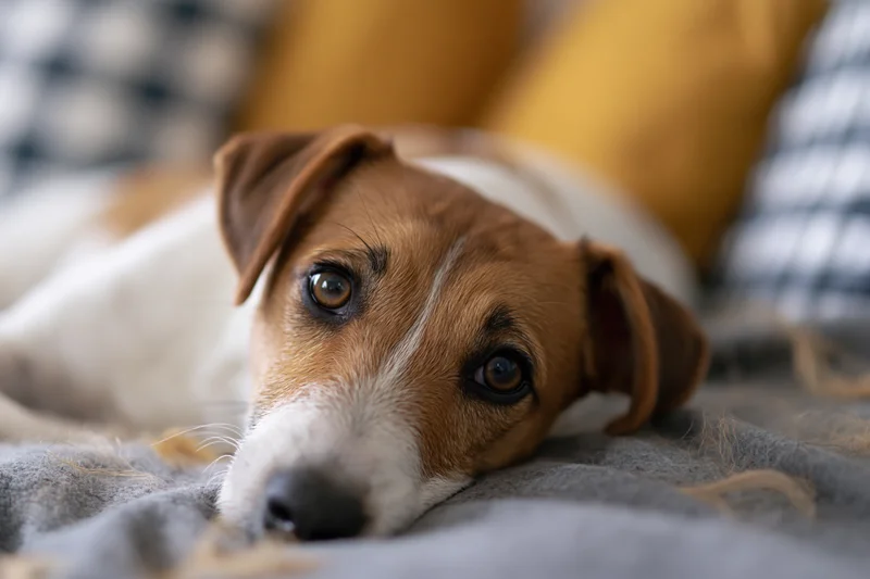 Jack russell puppy lying with chin down on a couch surrounded by cushions and a blanket