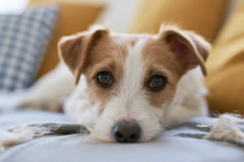 Jack russell puppy lying chin down on a couch with soft blanket and pillows