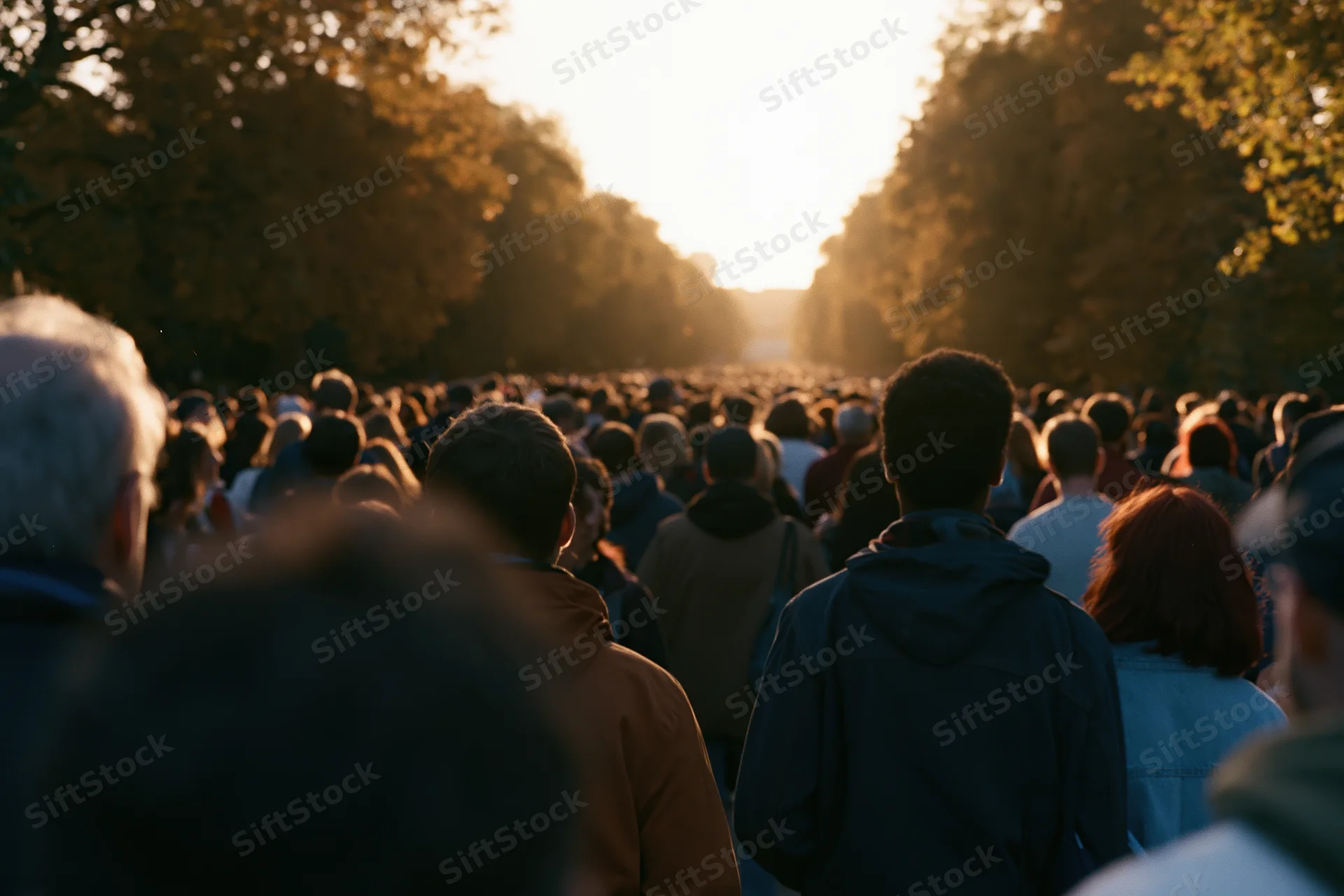 Large crowd of people walking away down a tree-lined boulevard at sunset