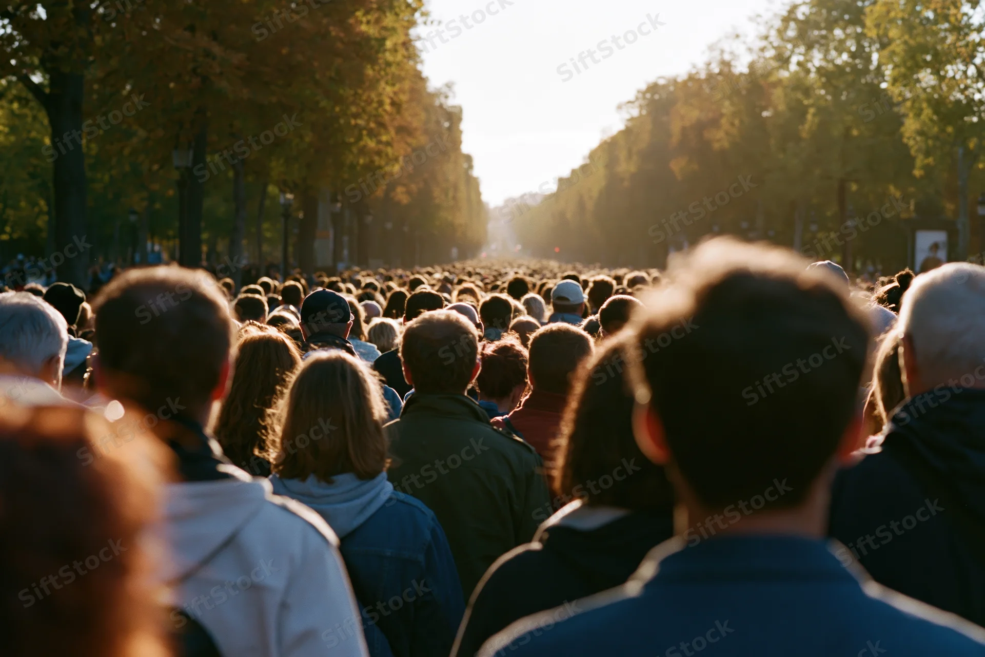 Large crowd of people walking away down a wide tree-lined boulevard in autumn sunlight