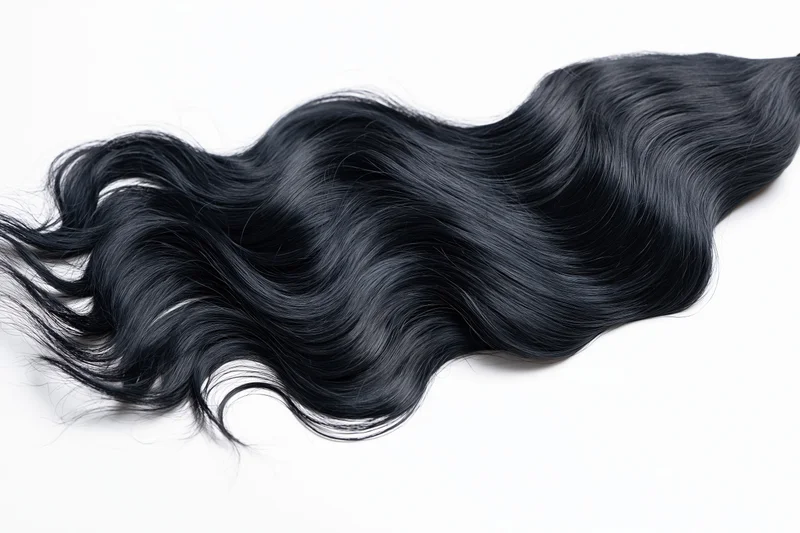 Long black wavy hair extension floating against white background
