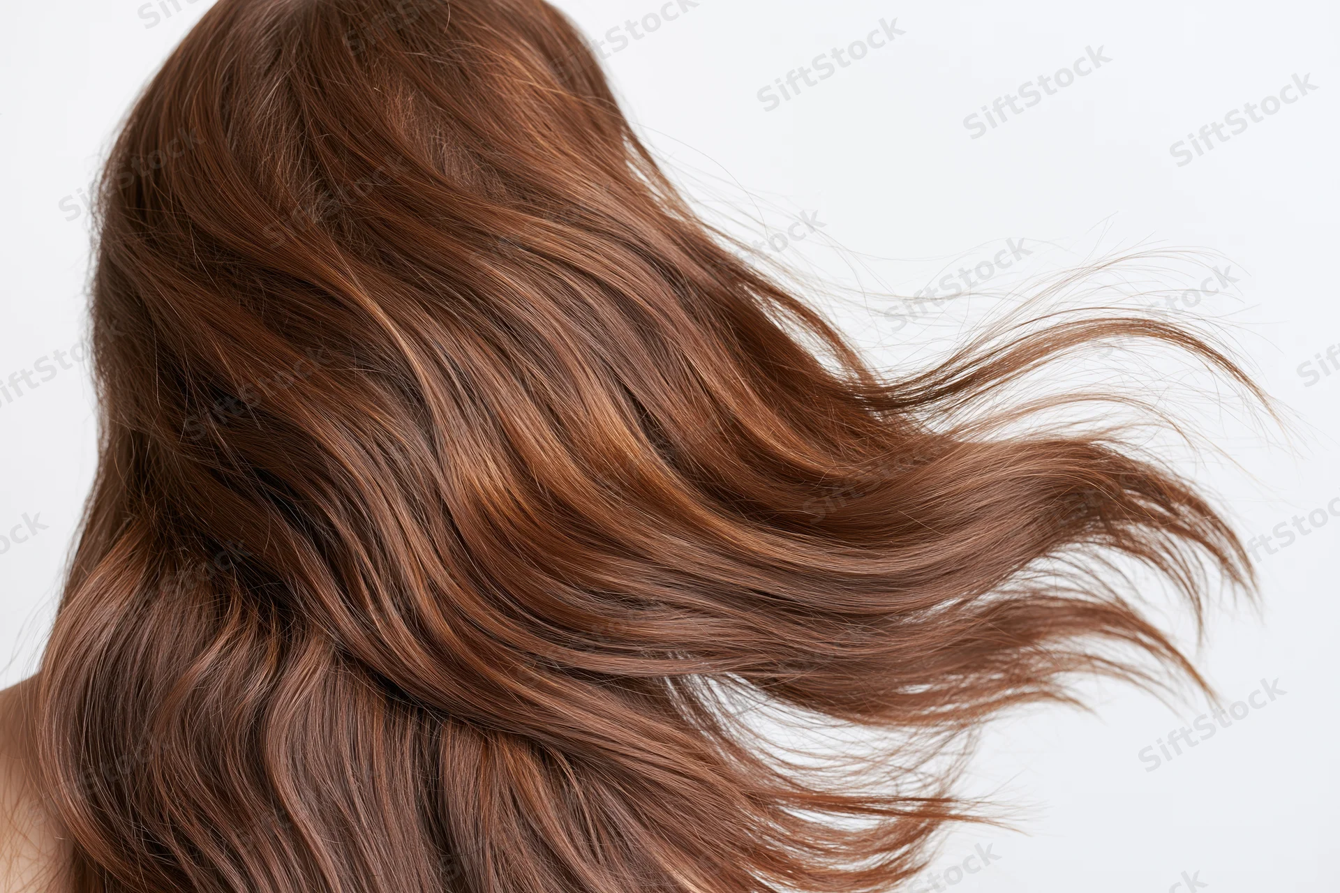 Long brown wavy hair flowing in motion against white background
