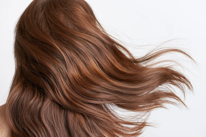 Long brown wavy hair flowing in motion against white background