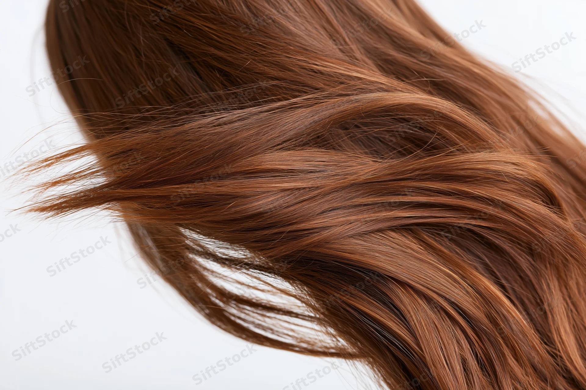 Long brown wavy hair flowing in motion against white background