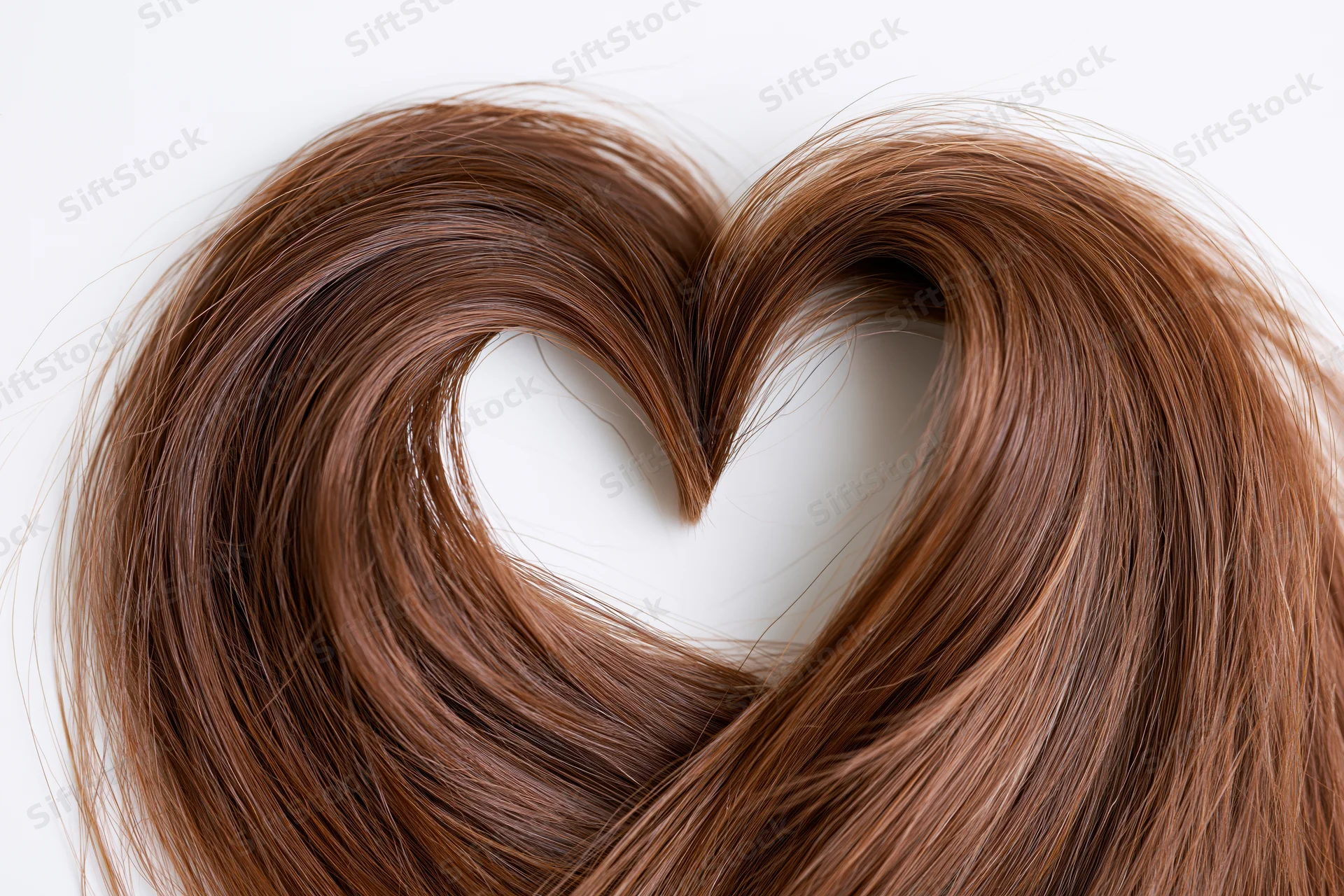 Long glossy brown hair arranged in heart shape against white background