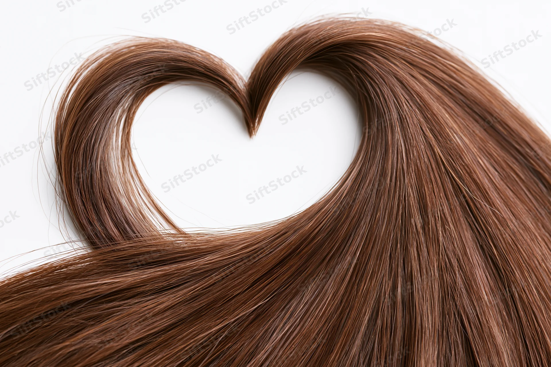 Long glossy brown hair arranged in heart shape against white background