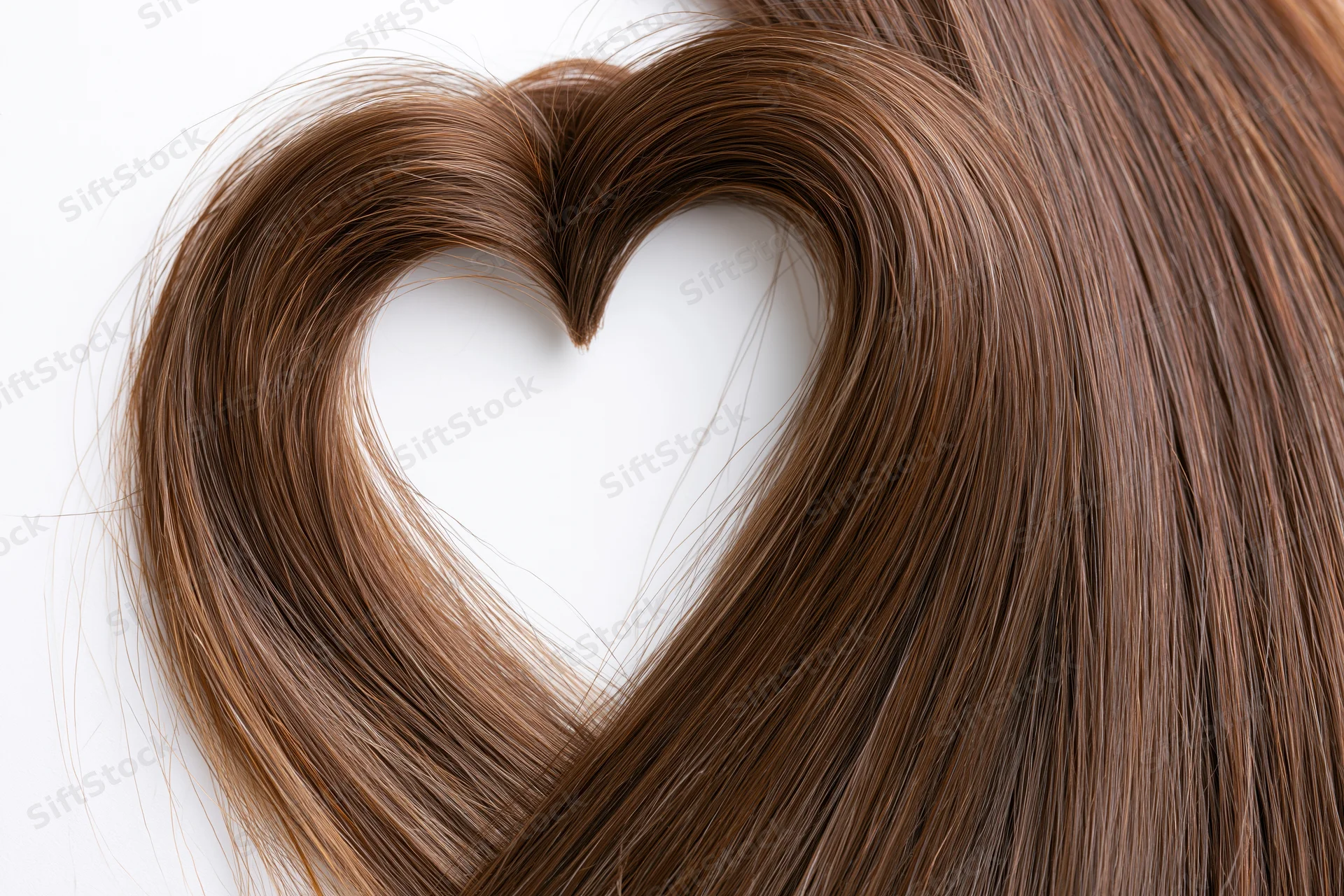 Long glossy brown hair arranged in heart shape against white background