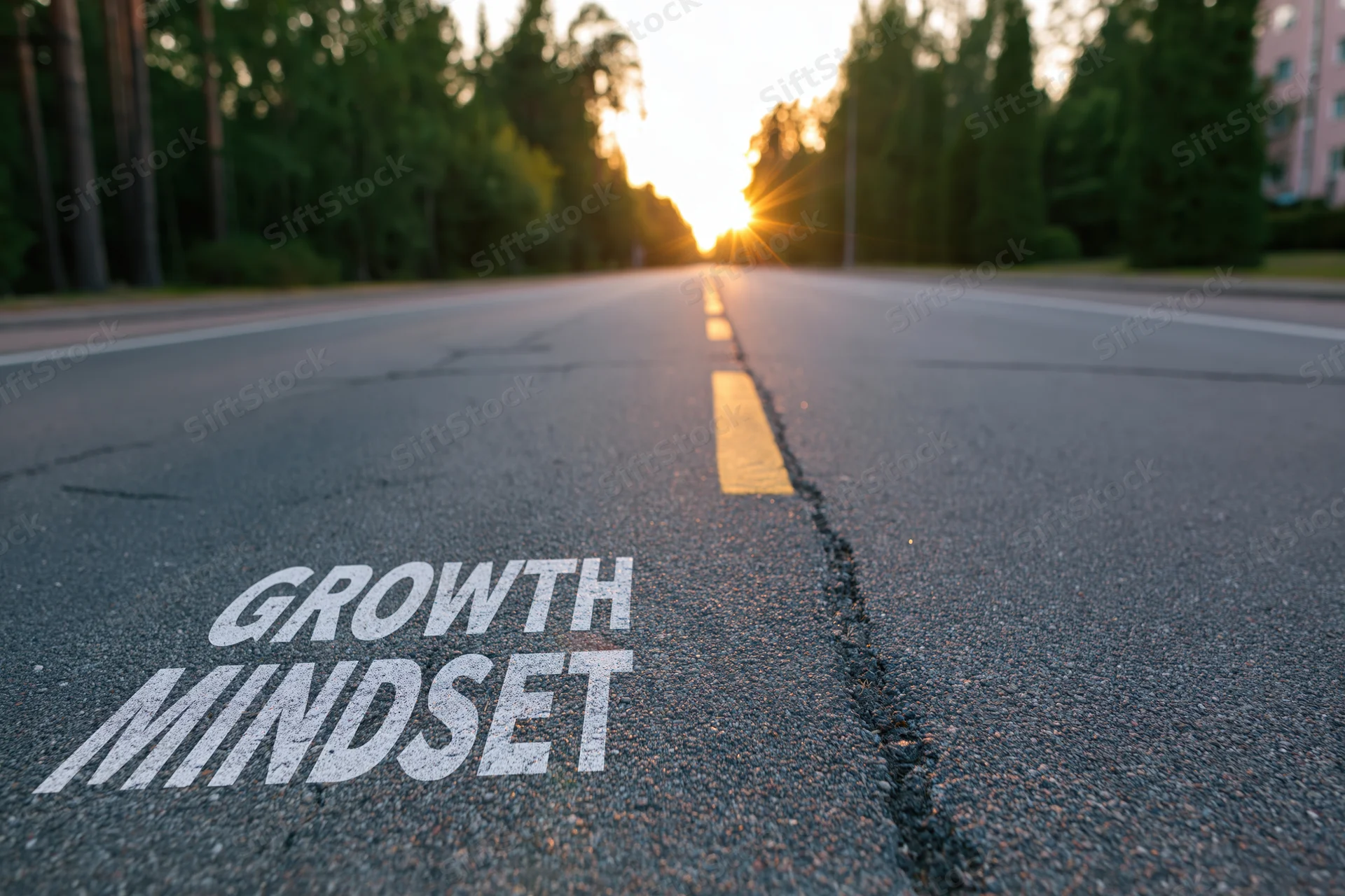 Growth mindset painted on asphalt road leading toward sunset horizon