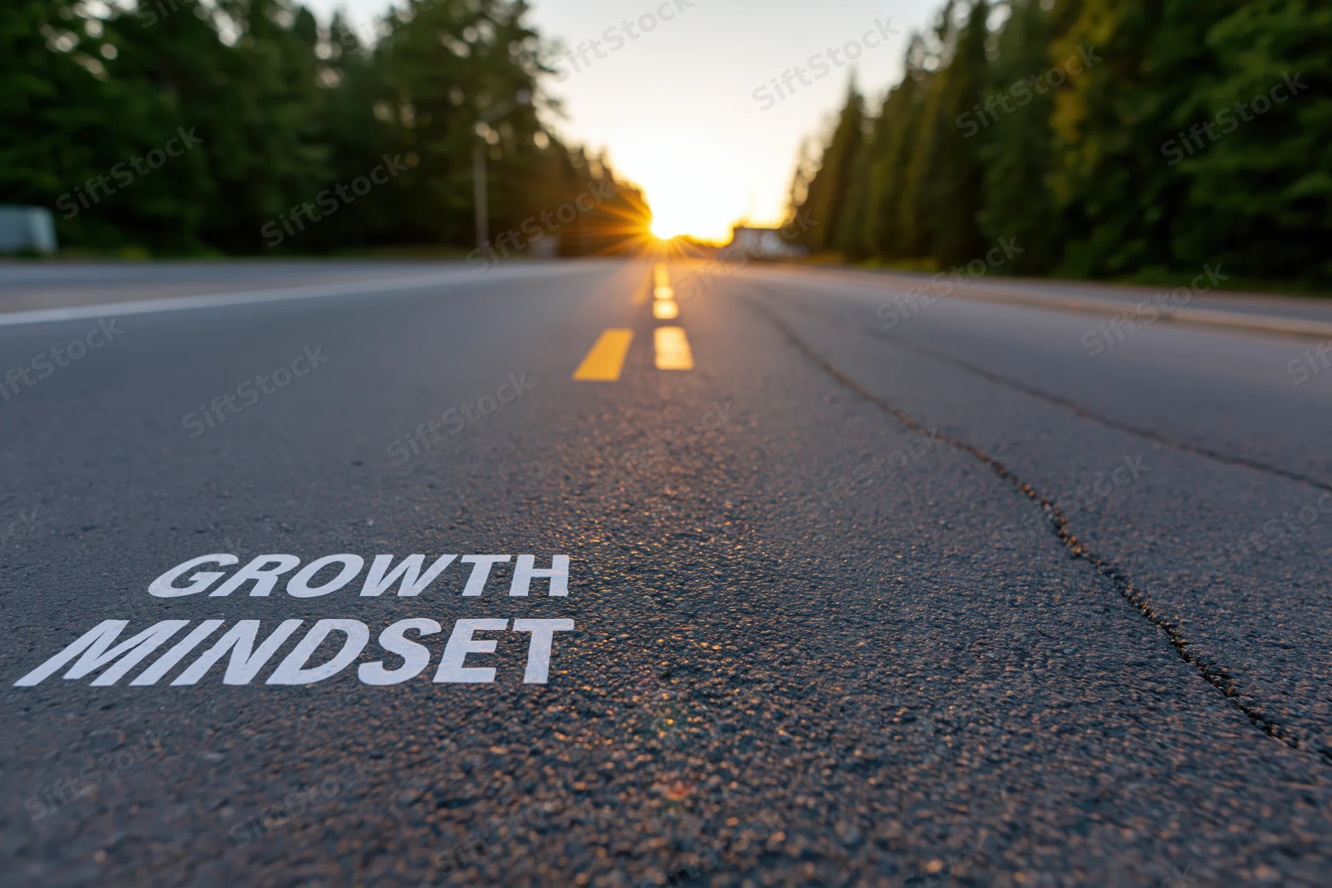 Growth mindset written on asphalt road leading toward sunset horizon flanked by trees