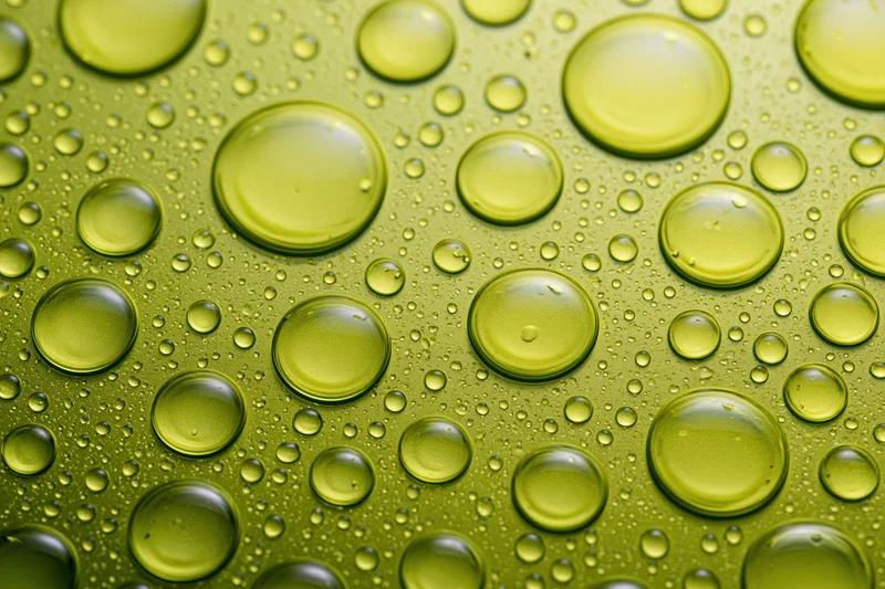 Macro closeup of scattered oil droplets on a green glossy surface
