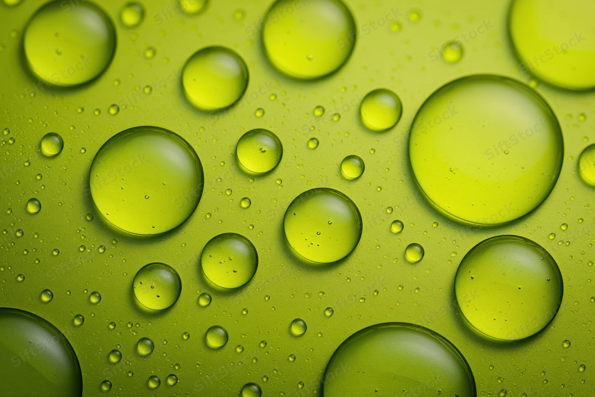 Macro closeup of scattered water and oil droplets on a green surface