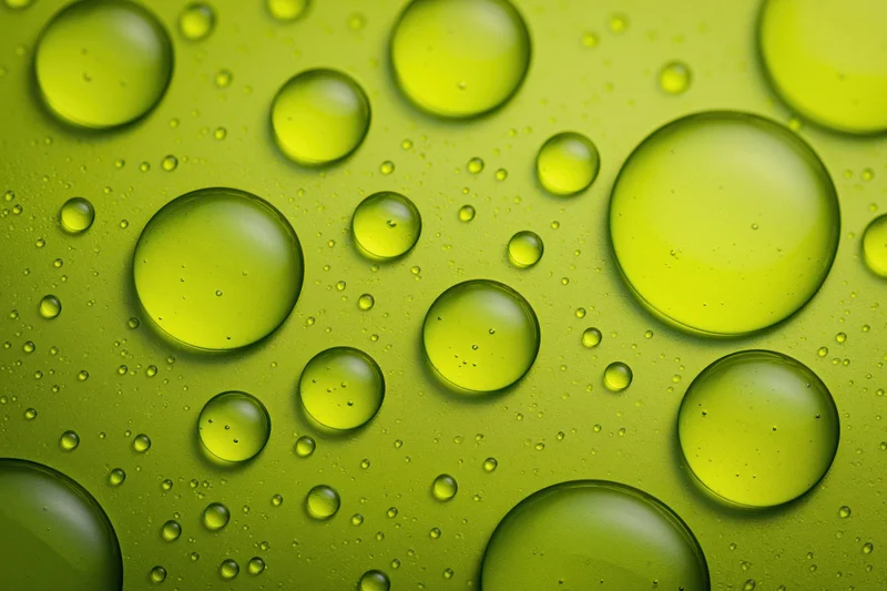 Macro closeup of scattered water and oil droplets on a green surface