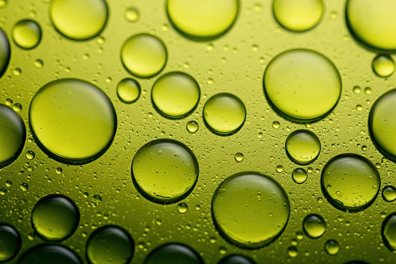 Macro closeup of scattered oil droplets on a green surface