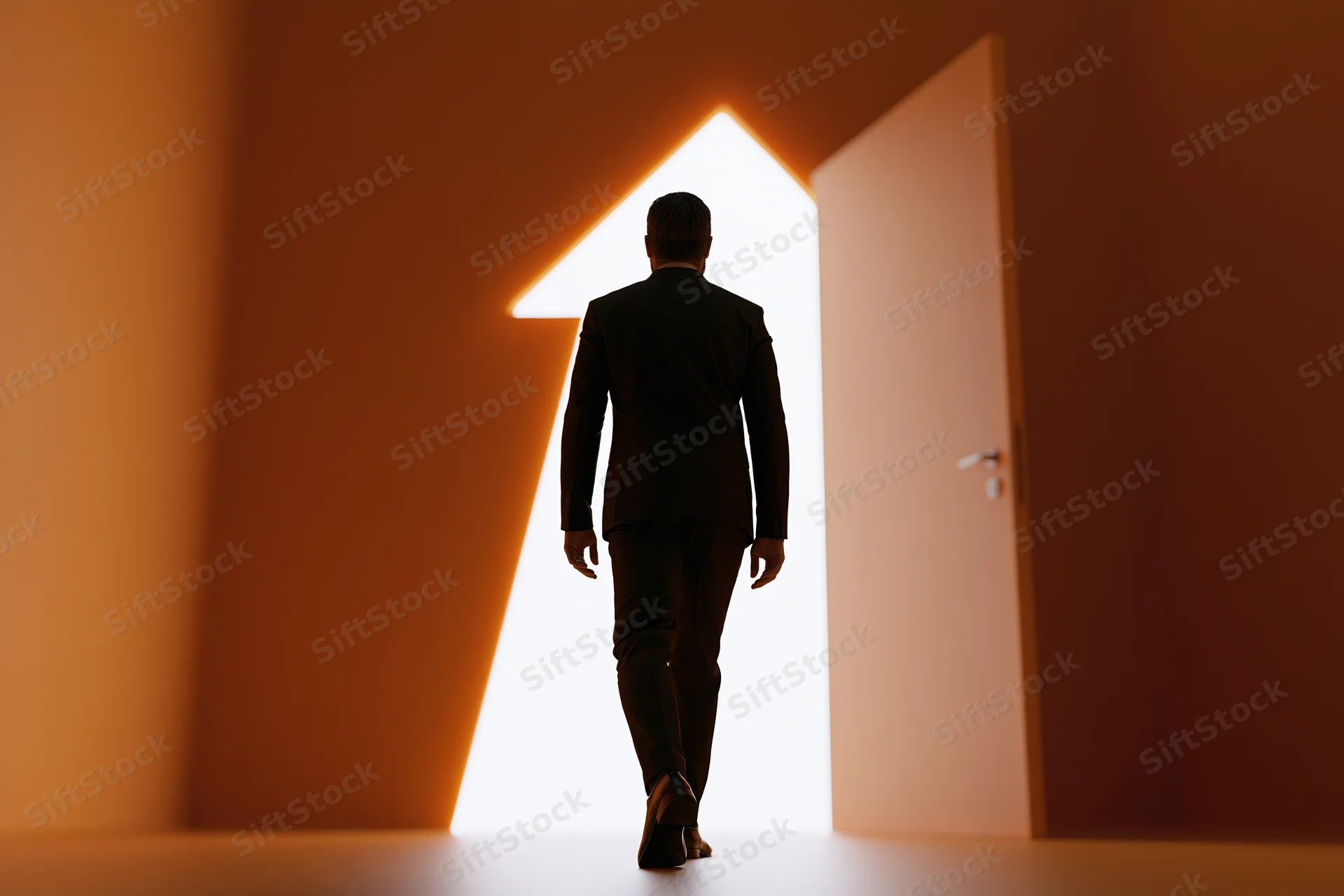 Man in dark suit walking toward glowing doorway in dim interior