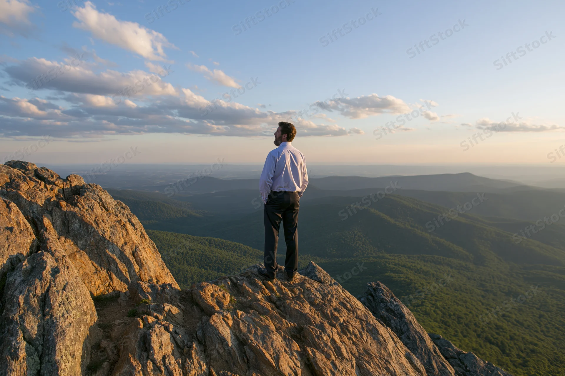 Man in dress shirt and dark trousers standing on rocky mountain summit overlooking forested valley at sunset