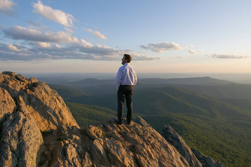 Man in dress shirt and dark trousers standing on rocky mountain summit overlooking forested valley at sunset