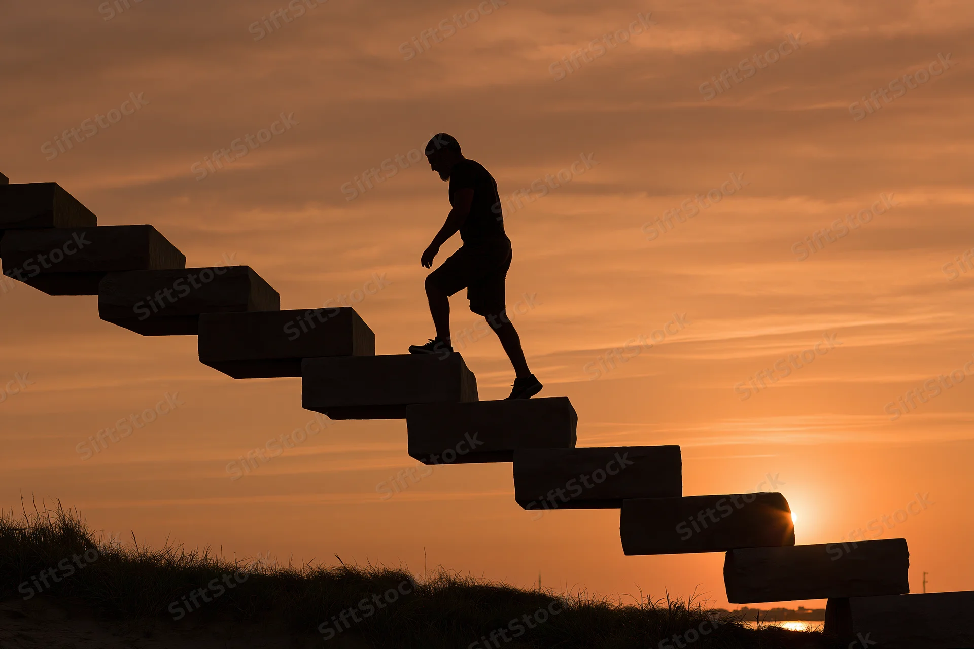 Man climbing wooden staircase at sunset on coastal dunes