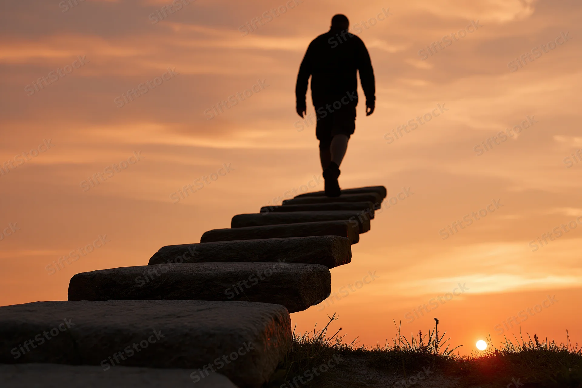 Man walking up stone steps at sunset outdoors