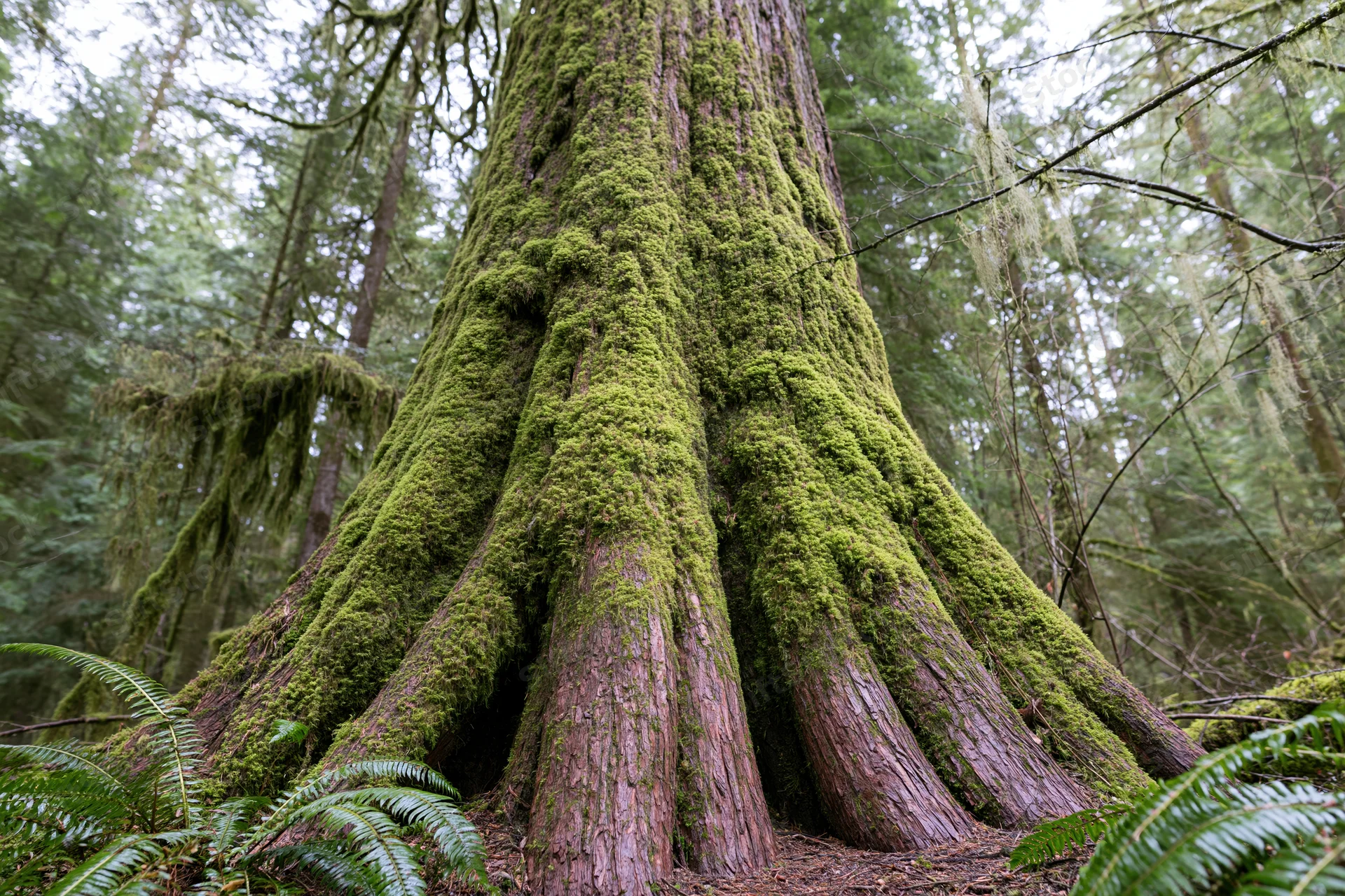 Massive old-growth cedar tree trunk covered in thick moss in a dense forest with ferns at base