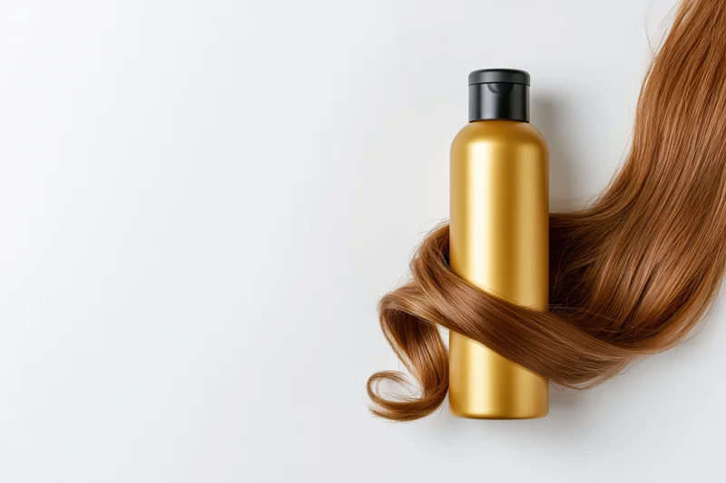 Golden shampoo bottle with long brown hair wrapped around it on white surface