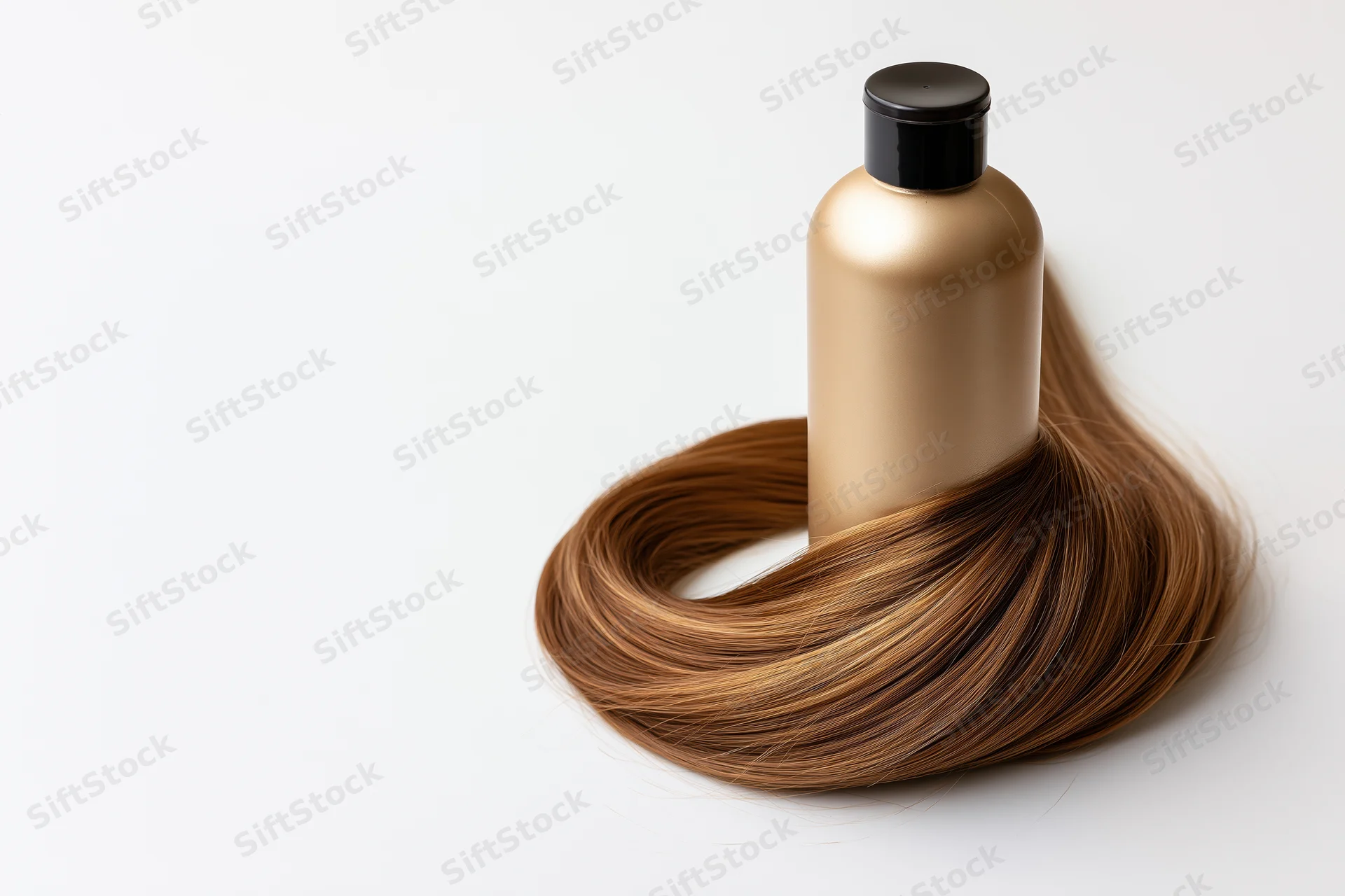 Matte gold shampoo bottle with black cap surrounded by brown hair strand on white background