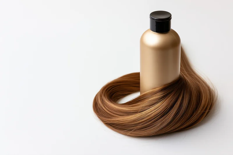 Matte gold shampoo bottle with black cap surrounded by brown hair strand on white background