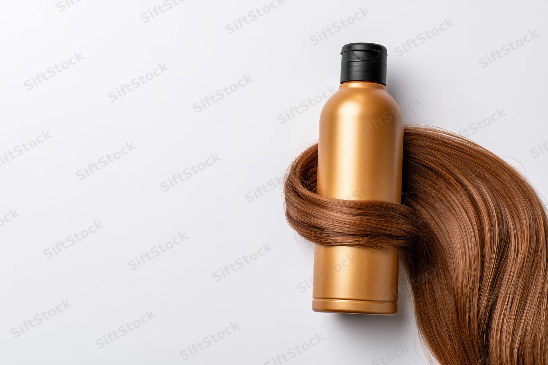 Matte gold shampoo bottle with black cap wrapped by a strand of brown hair on white background